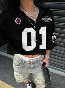 SHEIN EZwear Women's Casual V-Neck Loose Short 5th Sleeve Mesh T-Shirt, Suitable For Summer And Sports, Digital 01 Print Back To School Chic