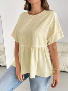 SHEIN Essnce Plus Size Women's Spring And Summer Fashion Casual Loose Comfortable Daily Versatile Slim Texture Fabric Yellow Short-Sleeved Shirt, Simple Style,Curve Cute Tops,Butter Yellow,Going Out Top,Women Blouse,European Summer,Ruffle Tops,Brunch Outfits For Women,Going Out Tops Women