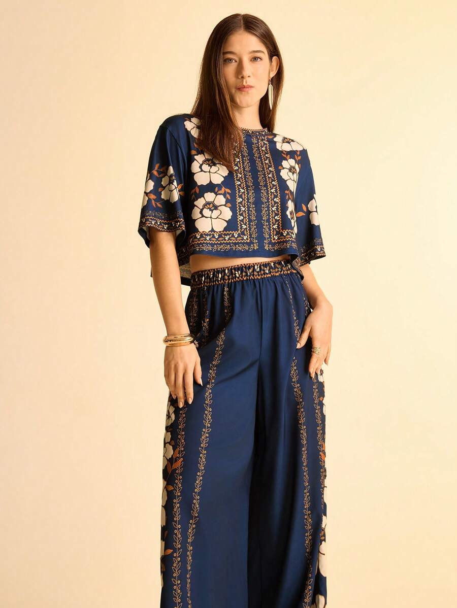 CAJUNI 2件套女士花卉印花T恤和阔腿裤度假休闲装 - 彩色 - 查看 1