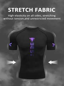 GymBeat Camiseta deportiva de manga corta de ajuste ceñido con estampado de letras para hombres, parte superior de gimnasio, camiseta de compresión transpirable de material elástico en 4 direcciones, que absorbe la humedad y es ligera, con diseño sin costuras y ajuste ceñido para entrenamiento en el gimnasio, camiseta de compresión para hombres - Negro - Ver 3