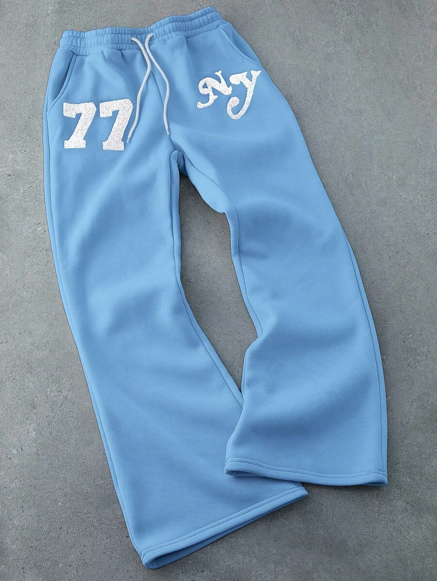 PAVTROS 男士休闲日常刺绣字母抽绳腰运动裤 - 藍色 - 查看 1