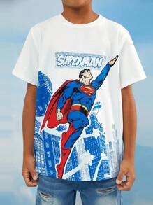 SUPERMAN X SHEIN 青少年男孩休闲卡通英雄和字母图案短袖白色 T 恤，夏季 - 彩色 - 查看 3