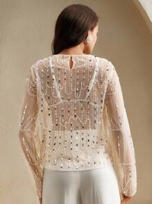 Anewsta Damen neue Mode Resort Stil Langarm Bluse mit Stickerei & Pailletten, elegante Party Bluse