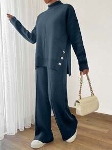 EURMUSE Women Asymmetrical And Button Detailed Hem High Neck Sweater And Sweater Pant Two Pieces Outfits Co-Ords,Loungewear Set,Petite,Winter Clothes - Navy Blue - View 4