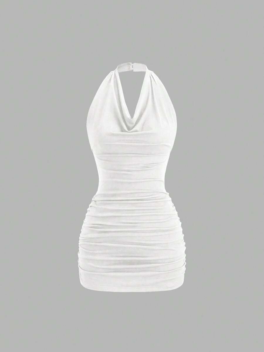 Sweetra Backless Plunging Neck Tie-Up Sleeveless Sexy Form-Fitting Mini Bodycon Dress - White - View 1