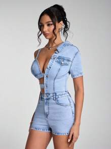 SHEIN ICON 女式性感镂空不对称修身牛仔连体衣，夏季 - 藍色 - 查看 3