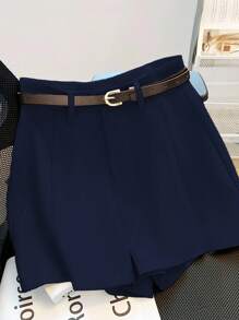 Franclia Shorts de color caqui sólido para mujer, de talle medio-alto con cinturón, versátiles para uso casual y de oficina, nuevos para el verano