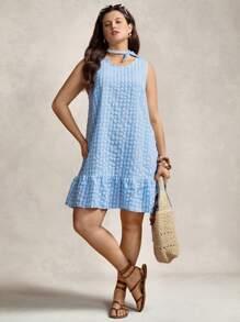 Zelara Đầm suông kẻ caro không tay cổ tròn cỡ lớn đơn giản thường ngày cho lễ hội phong cách Boho dành cho nữ mùa hè, váy nghỉ dưỡng thanh lịch dành cho nữ, váy liền thân thiết yếu mặc ngoài trời hàng ngày - Màu xanh lam - Xem 5