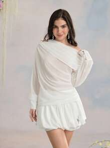 SHEIN MOD 女士优雅纯色不对称领上衣 - 白色 - 查看 3