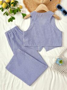 SHEIN Teen Girls Spring/Summer Casual Resort Commute Elegant Striped Contrast Color Sleeveless Vest And Contrast Color Casual Pants Set, Suitable For Holiday, Casual, Beach, Outdoor And Various Occasions