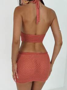 Aloruh Vestido mini con escote trasero sin espalda, decoración de lentejuelas huecas tipo concha, tirantes halter, de tejido de punto, color naranja-marrón, adecuado para primavera y verano de vacaciones