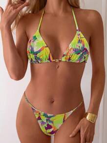 SHEIN Swim 2 peças/Conjunto Top e Bottom de Maiô Bikini com Pescoço de Gravata, Maiô Casual de Férias - Multicolorido - Visão 3