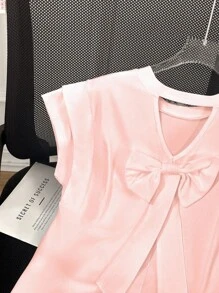 SHEIN Clasi Women's Solid Color Simple Bow Decor T-Shirt, Cute Top - Pink - View 4