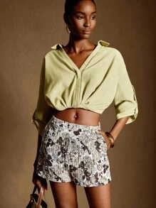 Écloséra Elegant A-Line Wide Leg Elastic Waist Zipper Vintage Jacquard Pocket Shorts, Spring/Summer - Multicolor - View 1
