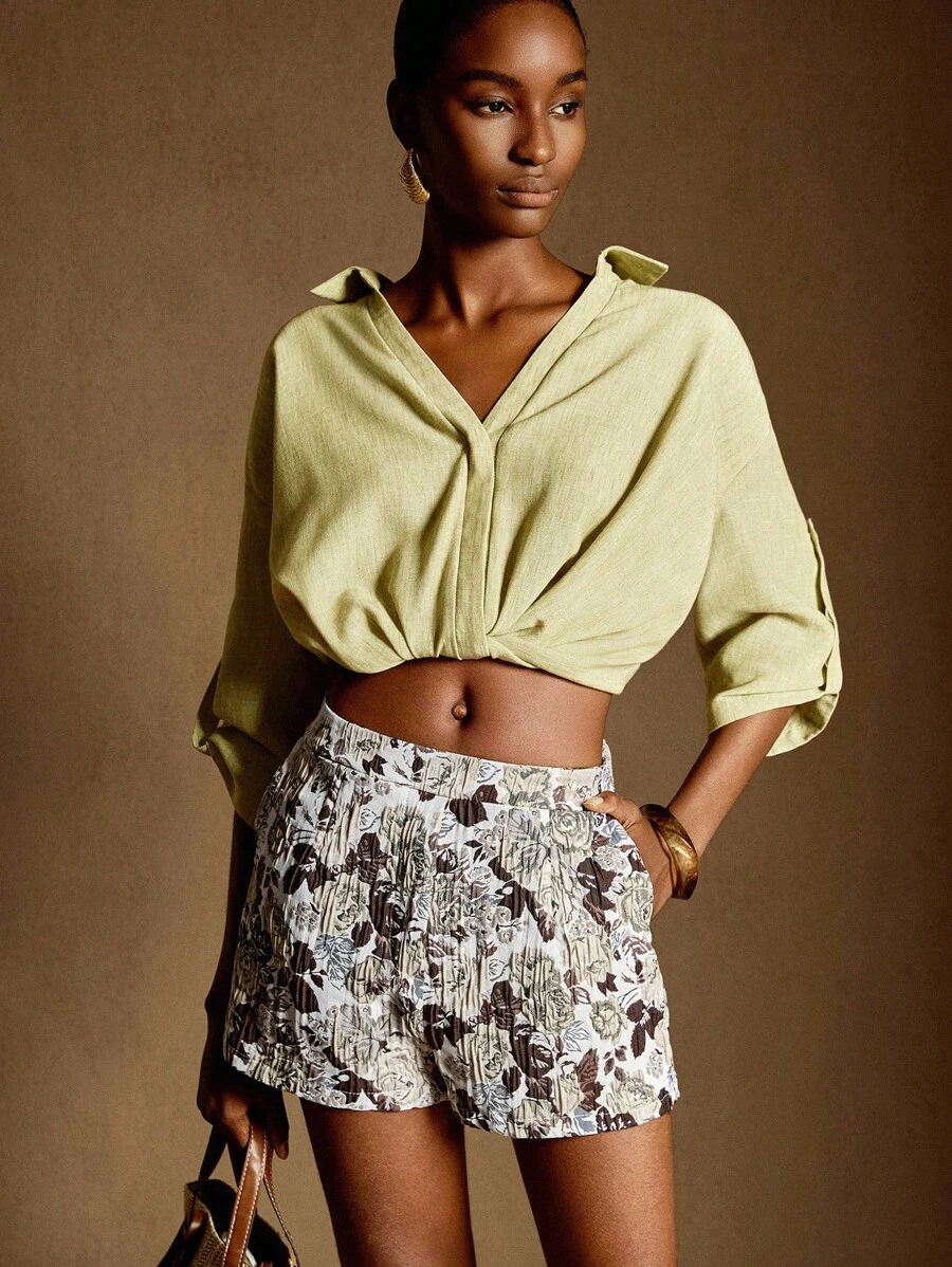 Écloséra Elegant A-Line Wide Leg Elastic Waist Zipper Vintage Jacquard Pocket Shorts, Spring/Summer - Multicolor - View 1