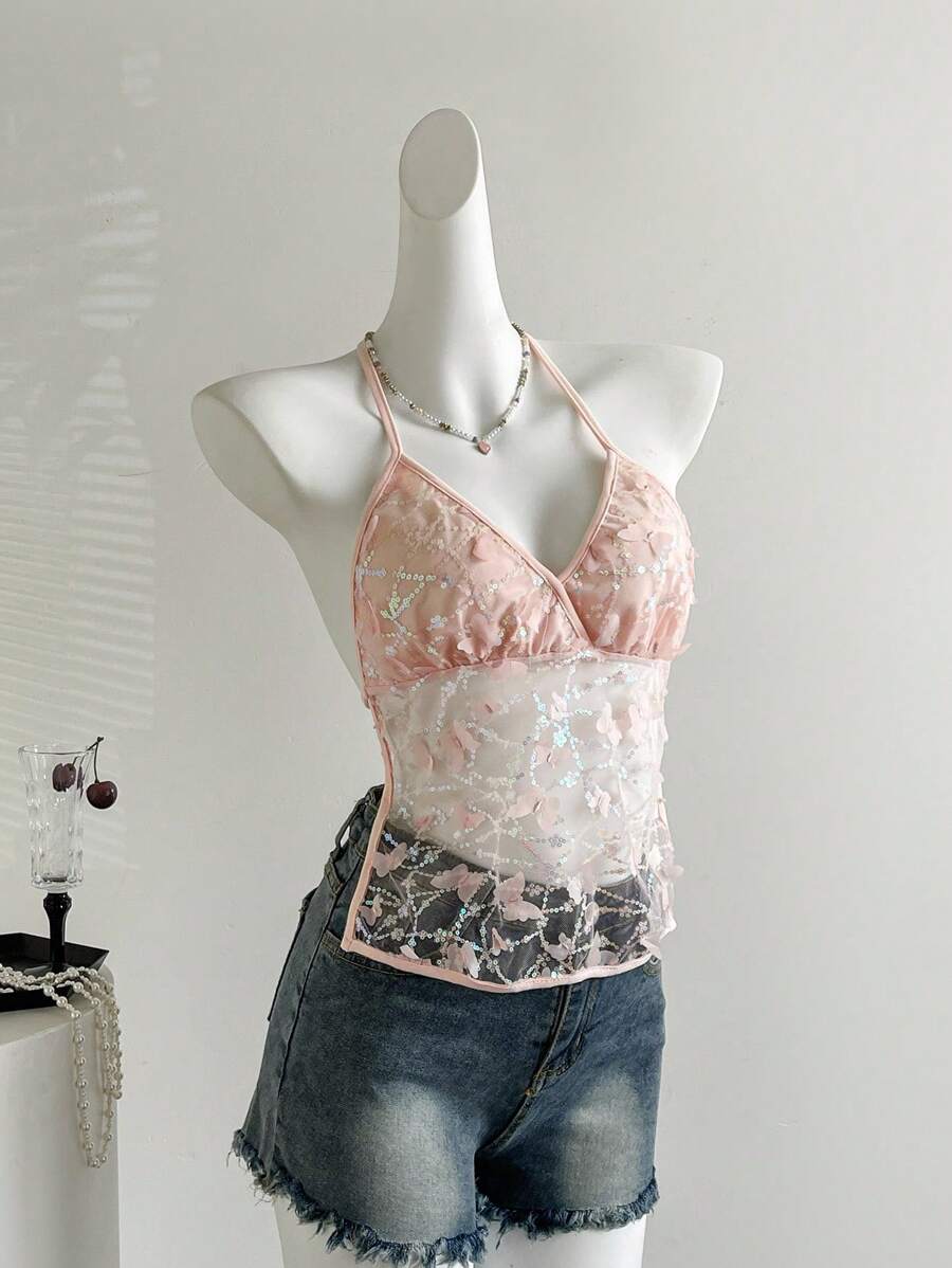 Sweetra Débardeur à bretelles en maille avec nœud papillon pour femme, idéal pour l'été - Rose bonbon - Voir 1