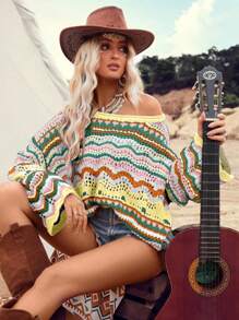 LanaWest Women's Wavy Striped Hollow Out Dropped Shoulder Long Sleeve Casual Sweater Knit Pullover Fall Winter - Multicolor - View 4