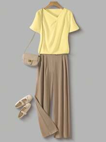 SHEIN LUNE 2pcs/Set Women Spring Casual V-Neck White Shirt And Khaki Pants - Yellow - View 3
