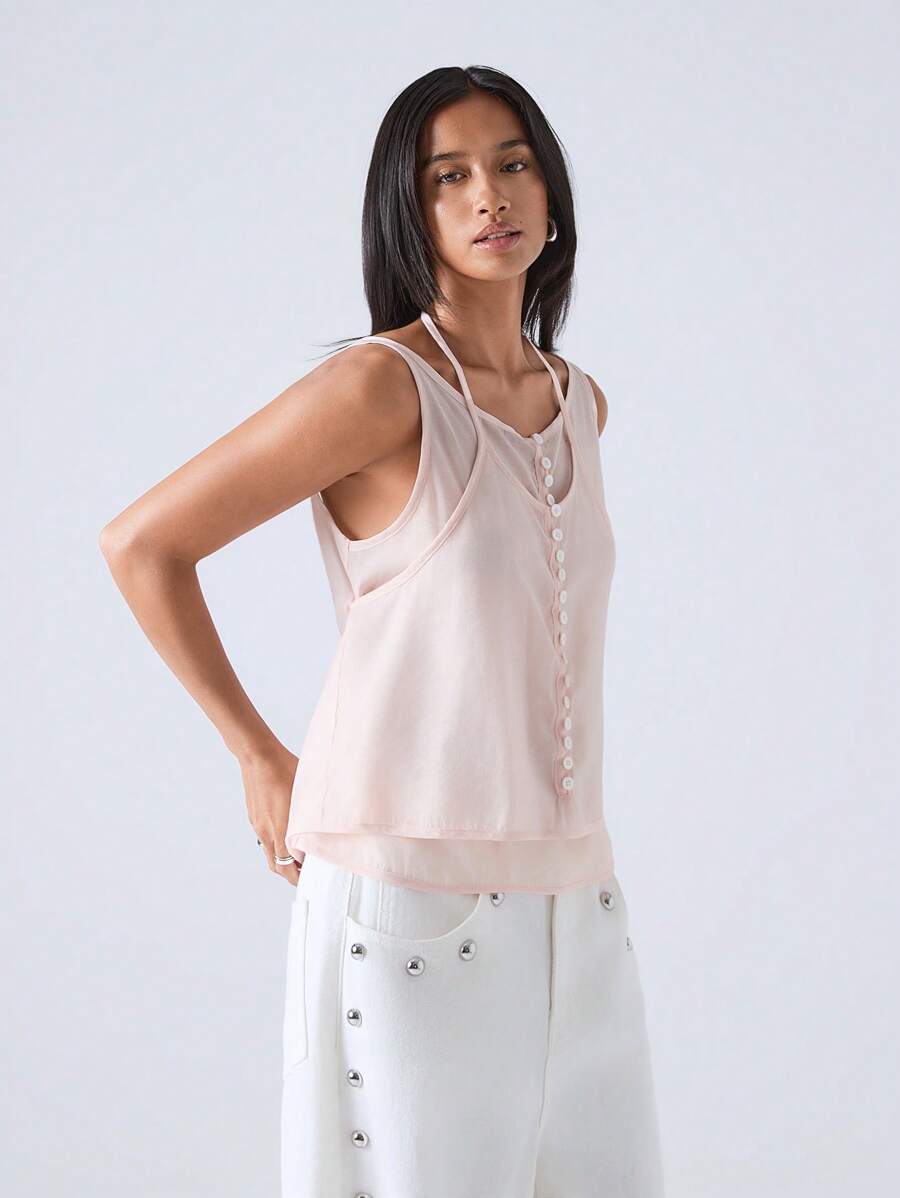 LYSMO Women's Lightweight 2 In 1 Deconstructed Tie Design Top - New Arrival Spring/Summer 2025 - Baby Pink - View 1
