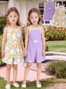 2pcs/Set Girl Toddler Colorful Floral Full Print + Solid Color Comfy Casual Romper, Suitable For Summer