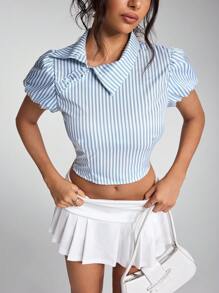 SHEIN Unity Camisa corta de mujer casual de manga corta abullonada y a rayas para verano - Azul y blanco - View 1
