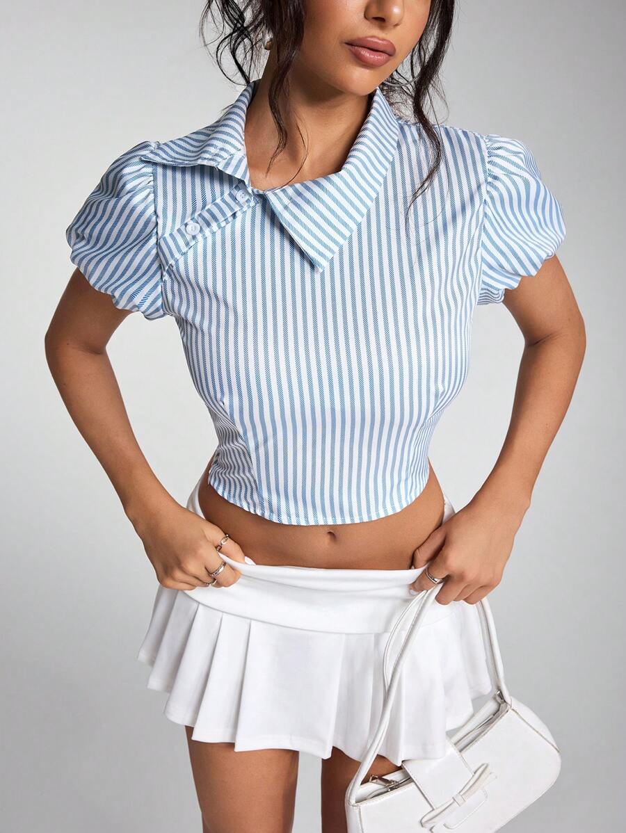 SHEIN Unity Camisa corta de mujer casual de manga corta abullonada y a rayas para verano - Azul y blanco - View 1