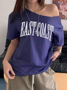 INAWLY 女士露肩短袖字母印花休闲 T 恤图案 T 恤女式上衣 - 藍色 - 查看 3
