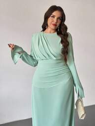 Firerie Plus Size Dames Lente/Zomer Comfortabel Casual Elegant Vakantie Reizen Kantoor Professioneel Chiffon Gerimpelde Zoom Flatterend Alledaagse Jurk met Lange Mouwen