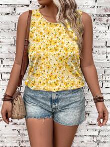 EMERY ROSE Camisola y camiseta sin mangas con estampado floral acuarela amarillo, tallas grandes, para vacaciones de verano - Amarillo - Ver 5