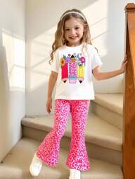 Girls Kids Summer New Pencil Print Simple Round Neck Short Sleeve T-Shirt + Cute Flared Pants Casual Sports Suit, Back To School Versatile Outfit