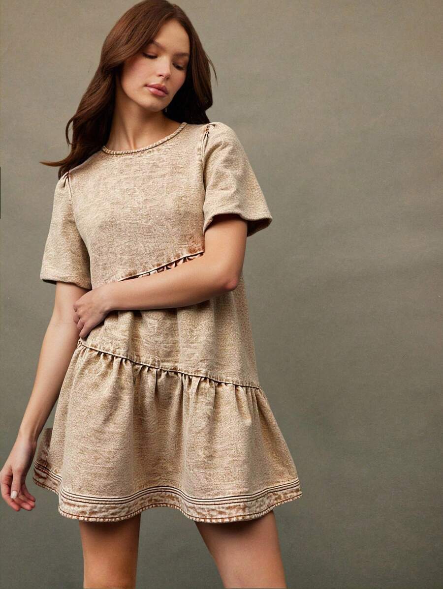 WESTFADE Puff Sleeve Asymmetrical Tiered Denim Mini Dress Cowgirl Outfit - Khaki - View 1