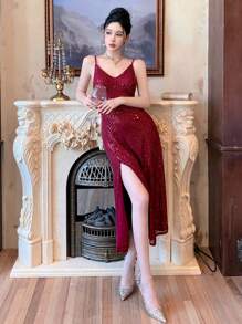 DAZY 亮片V领开衩吊带中长连衣裙，适合女士返校节、舞会、新年、圣诞节、嘉年华等场合，闪亮亮片连衣裙 - 酒紅色 - 查看 9