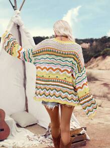 LanaWest Women's Wavy Striped Hollow Out Dropped Shoulder Long Sleeve Casual Sweater Knit Pullover Fall Winter - Multicolor - View 2