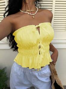 Sunnyshic Biały damski top typu tuba z koronką i wycięciami na dole - Żółty - Zobacz 5