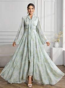 Modelyn Vestito al ginocchio con scollo a V, stampa floreale, maniche lunghe,elegante
