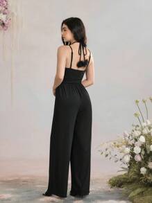 SHEIN MOD Women's Black Summer Elegant Dinner Date Solid 3D Floral Decor Ruffle Wide Leg Jumpsuit With Straps,Old Money Style Classy Office Attire Beach Outfits - Black - View 4