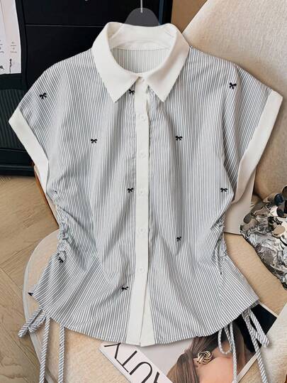 INAWLY 女式休闲条纹蝴蝶结印花抽绳拼色衬衫