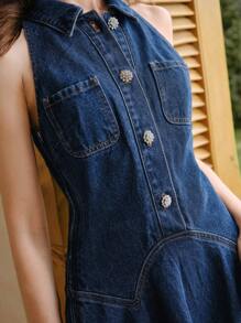 MOTF STUDIO HALF BUTTON POCKET DENIM DRESS