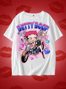 Betty Boop x SHEIN Summer Outfits Cute Rave Concert Vacation Beach Casual Boho Sexy Elegant Retro Gyaru Y2K Cool White Plus Size Casual Cartoon Portrait Motorcycle Heart Pattern Drop Shoulder Short Sleeve Loose T-Shirt,