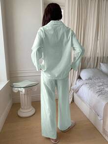 DAZY Conjunto de pijama suelto de unicolor cómodo para mujer, ropa de otoño e invierno - Verde - Ver 2