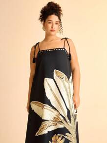 CAJUNI Plus Size Women Bohemian Tropical Coconut Tree Print Casual Sleeveless Tasselled Dress, Suitable For Beach Resort, Summer