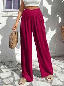 Plus Size High Waist Wide Leg Solid Color Casual Vacation Pants