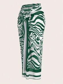 Swim Oasis Plus Size Women's Asymmetric Ruffled Neckline Solid Color One-Piece Swimsuit And Zebra Print Cover Up Skirt - Dark Green - View 7