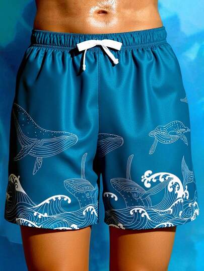 SHEIN 青少年男孩度假休闲全印花宽松短裤，适合夏季、户外玩耍、海滩、游泳