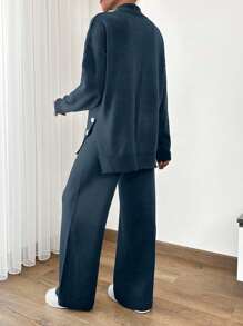 EURMUSE Women Asymmetrical And Button Detailed Hem High Neck Sweater And Sweater Pant Two Pieces Outfits Co-Ords,Loungewear Set,Petite,Winter Clothes - Navy Blue - View 2