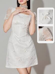 Modelyn 女士优雅蕾丝蝴蝶结珍珠缀饰迷你刺绣连衣裙，生日连衣裙，女士夏季连衣裙，女士派对连衣裙，女士优雅服装，白色连衣裙优雅 - 白色 - 查看 2