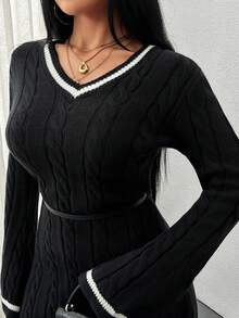 EURMUSE Vestito maglione invernale da donna in maglia a treccia corta, dettaglio a nodi, colore navy - Blu Navy - Visualizzare 6