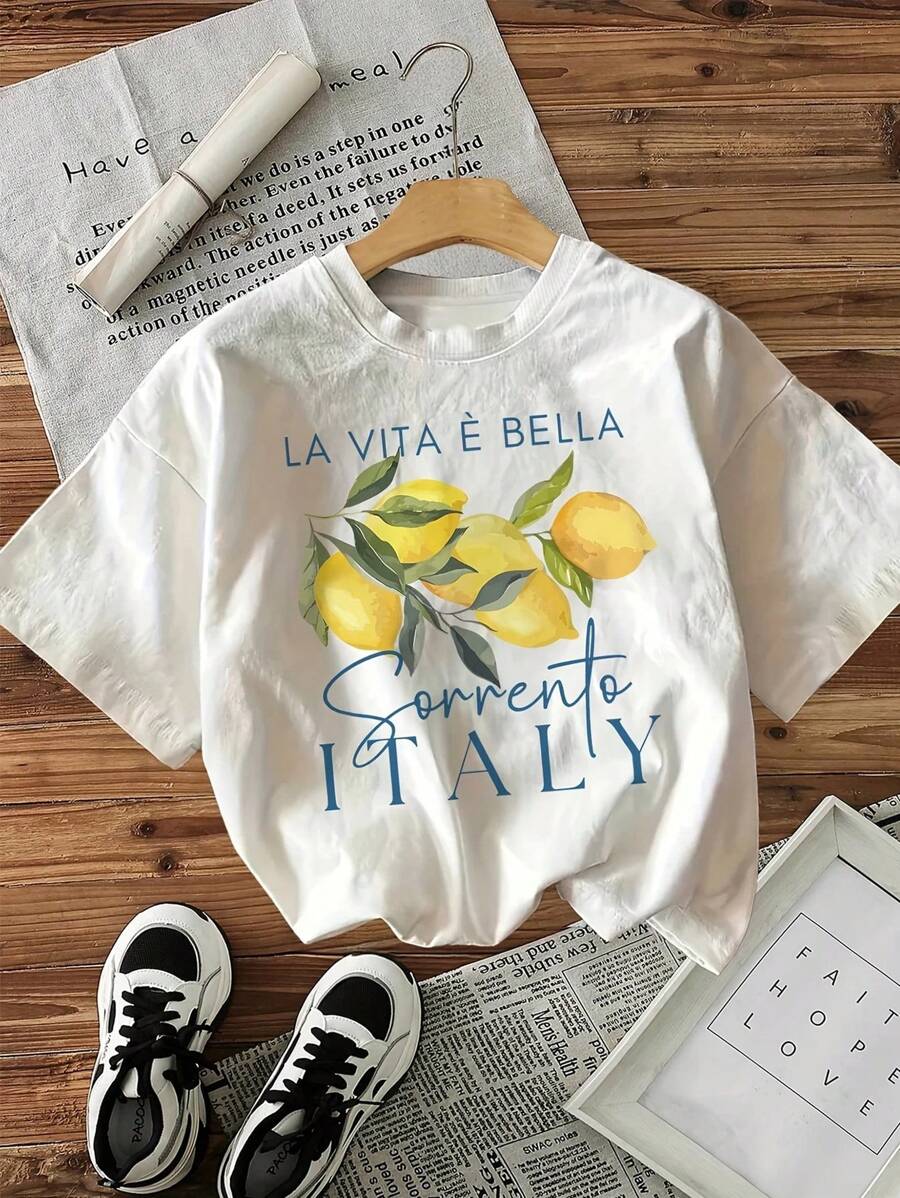 Camiseta de mujer con estampado de patrón de frutas de limón, palabras en inglés y gráficos de frutas, cuello redondo informal - Blanco - Ver 1