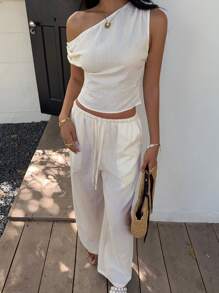 SHEIN EZwear 女士日常两件套服装 - 杏色 - 查看 4