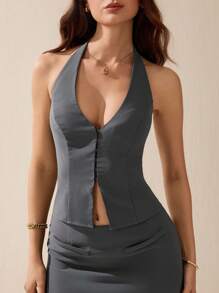 SHEIN Tall Damen Set bestehend aus einfarbigem ärmellosen Top mit Knopfleiste am Ausschnitt und Mini-Rock, 2-teilig